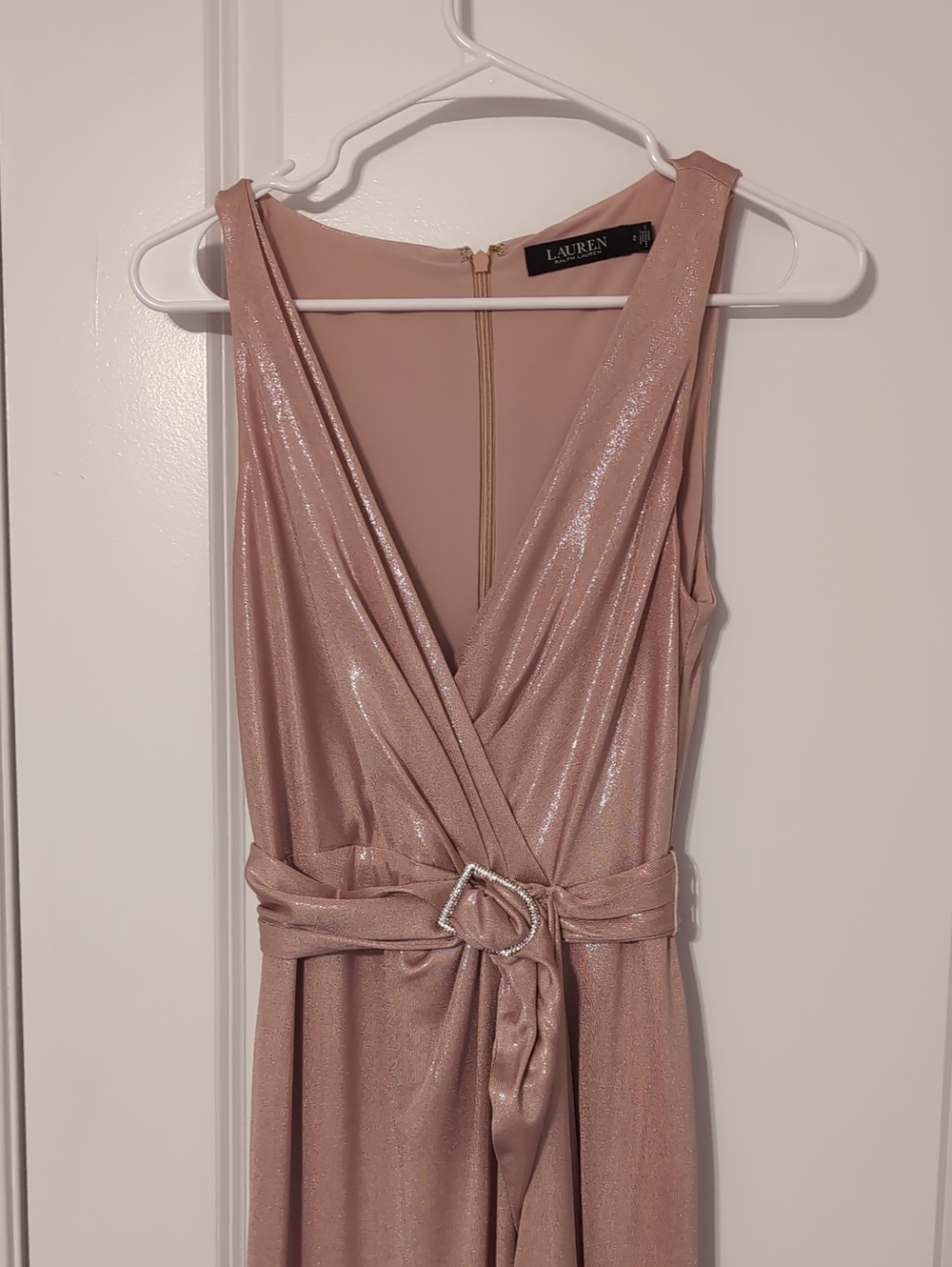 Lauren Ralph Lauren Shimmery Rose Strapless Wrap Dress with Belt